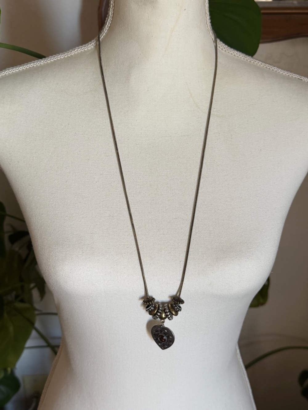 Vintage Bronze & Silver Heart Charm Beaded Accents Necklace